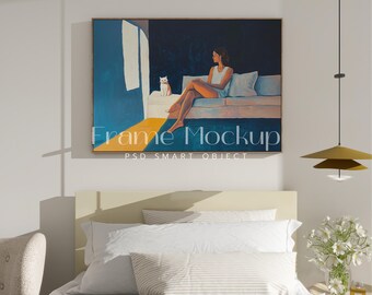 DIN A Landscape Frame Mockup, Cozy Bedroom Scene (PSD)