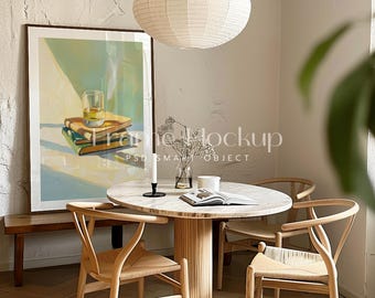 DIN A Wood Frame Mockup, Natural Light, Dining Table Scene (PSD)
