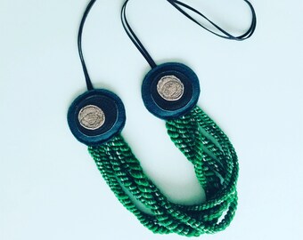 Necklace Recycled Wool Rope by Mainichi, Leather and Pure Wool Felt Medallions with Handtwisted Rope