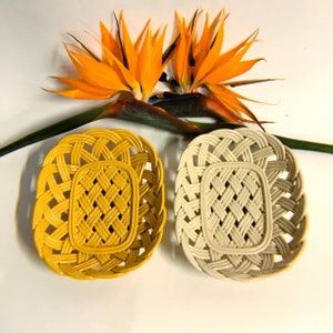 WOVEN CERAMIC BASKETS, Bread, Fruit Serving Baskets, Off-White and Yellow, Handmade Ceramic Containers, Home Decor, Trinket Tray, Set of Two