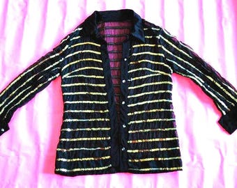 70s VINTAGE STAGE/Mardi Gras Costume, Disco Blouse, Sequined Stripes on Black Organdy, Semi Transparent, Rhinestone Buttons, SuperCool Top