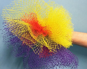 TULLE NET FLOWERS, upcycled nylon nets, recycled materials, large yellow and purple flowers, home decor, multi use, flower for a hat