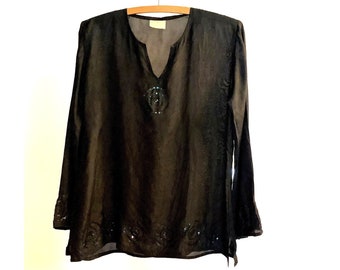 FRAGONARD SILK TUNIC with sequin embellishments, black silk tunic, elegant classic tunic, made in France