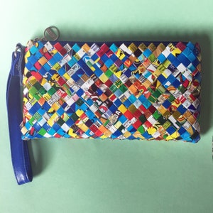 PAPERMOSAIC VEGAN CLUTCH, Multicolor Wristlet, Large Wallet, Made From Glossies,  Made in Japan, Wristlet, Clutch, Recycled,
