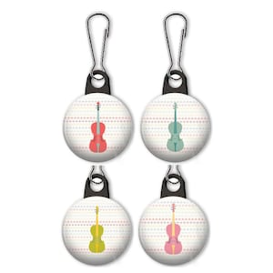 May include: Four round zipper pulls with a musical theme. Each pull features a colorful violin design against a patterned background. The violins are in shades of red, green, yellow, and pink. Each pull has a silver-colored metal clip.