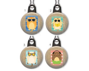 Beach cats zipper pull.  Sunbathing cats charm.  Summer cats zipper pull charm.  Customized zipper pulls available.