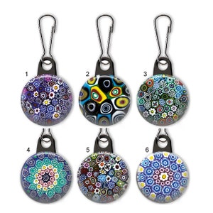 Pingente Millefiore para zíper. Pingente Millefiore. Pingente de Murano para zíper. Pingente de Murano. Pingente com aparência de vidro Millefiore de Murano.