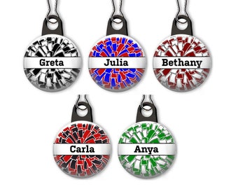 Cheerleading zipper pull.  Personalized zipper pull.  Cheer squad.  Pom pom zipper pull with name.  Cheerleader gift.