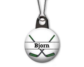 Personalized hockey zipper pull.  Choose hockey sticks or goalie sticks.  Personalized zipper pull.  Hockey zipper pull with name. (CUSTOM)