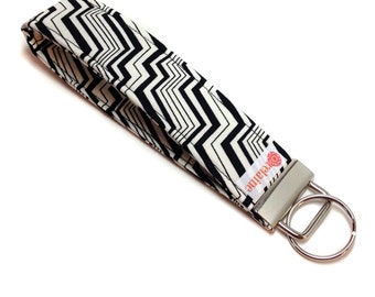 Black and white zig-zag keychain, key fob, key wristlet, key holder.