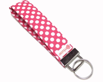 Pink polka dot keychain, key fob, key wristlet, key holder, key chain. Key chain wrist strap, fabric wristlet keychain.