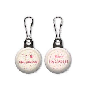 Love sprinkles zipper pull.  More sprinkles zipper pull.  Love sprinkles charm.  Birthday party favor.  Birthday charm.  Sprinkles charm.