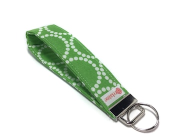 Green and white keychain, key fob, key wristlet, key holder, key chain. Key chain wrist strap. Fabric wristlet keychain. Gifts under 10.