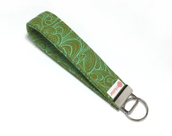 Green and aqua swirls keychain.  Key fob.  Key wristlet.  Key holder.  Fabric wristlet keychain.