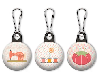 Sewing zipper pull.  Sewing charm.  Sewing machine zipper pull.  Thread charm.  Pincushion charm.  Custom zipper pulls available.