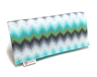 Women's wallet. Card wallets for women. World's Greatest Wallet. Gray, green, and aqua Tula Pink fabric pointed lace wallet.