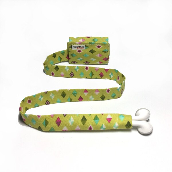 Green TuneTube with colorful diamonds. Earbud cord organizer for iPhone or iPod. Cord keeper. Earbud holder. Earbud case.