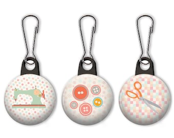 Sewing zipper pull.  Sewing charm.  Sewing machine zipper pull.  Button charm.  Scissors charm.  Custom zipper pulls available.