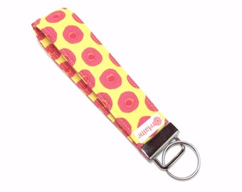 Yellow and pink keychain, key fob, key wristlet, key holder, key chain.  Pink circles on bright yellow.