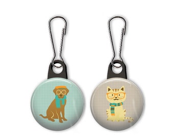 Hipster dog and hipster cat zipper pull. Dog with scarf zipper pull. Cat with scarf zipper pull. Dog charm. Cat charm.