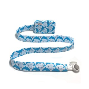 Blue dolphin TuneTube.  Earbud cord organizer for iPhone or iPod.  Cord keeper.  Earbud holder. Earbud case. No more tangled earbuds!