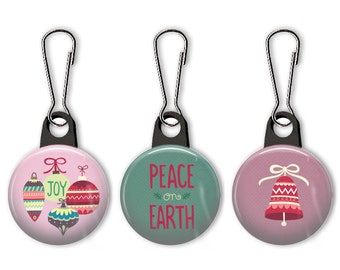 Christmas zipper pull. Ornament zipper pull.  Bell charm. Peace on Earth. Gift tag. Gift wrap. Christmas favors. Gifts under 5.