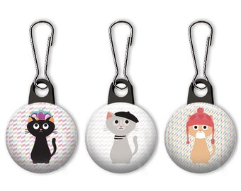 Cat in hat zipper pull.  Cute cats wearing adorable hats. Hat cats.