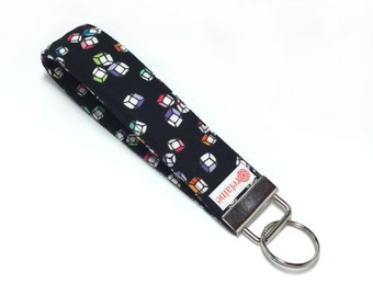 Colorful cubes keychain.  Key fob.  Key wristlet.  Key holder.  Fabric wristlet keychain.