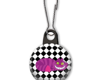 Purple cat zipper pull.  Cheshire cat zipper pull.  Cheshire cat charm.  Zipper pulls for purses or wallets.  Custom zipper pulls available.