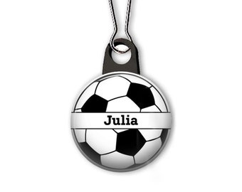 Soccer ball zipper pull.  Personalized zipper pull.  Soccer team nametag.  Soccer zipper pull with name.  Soccer player gift.