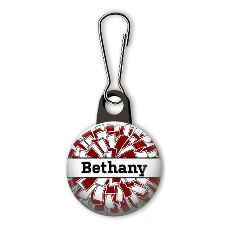 Cheerleading zipper pull. Personalized zipper pull. Cheer squad. Pom pom zipper pull with name. Cheerleader gift. image 4