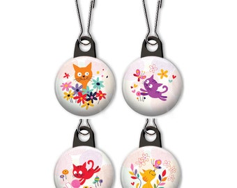Playful cat zipper pull.  Playful cat charm.  Playful cats zipper pull.  Yarn cats.  Butterfly cats.  Cat with flowers.