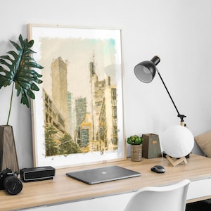 Moderne Stadtbild Aquarell Druck, Urban Skyline Wand Kunst, Architektur Poster, Büro Dekor, Wolkenkratzer Gemälde