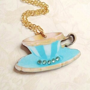 Alice in wonderland stripe wood teacup necklace - created with SWAROVSKI® Crystals