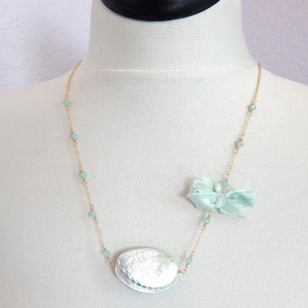 Adelaide - seashell and crystal necklace - beach wedding - bridal necklace - mint - boho necklace - swarovski crystal