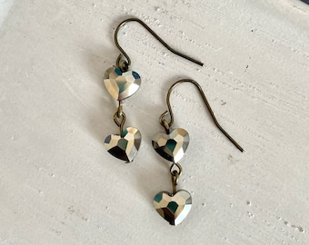 Bronze metallic crystal heart earrings - two hearts