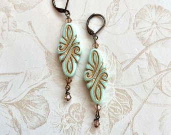 Vintage Mint Green Drop Earrings: Swarovski Crystal, Antique Brass