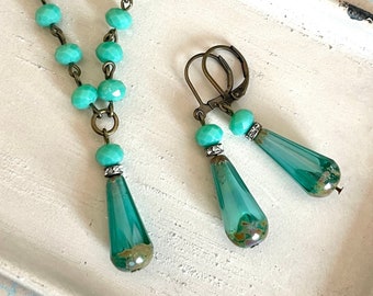 Handmade beaded glass turquoise necklace, earrings, or set with rhinestone