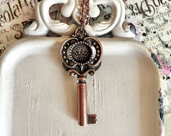 The queen's key -  key necklace - crown key - antique copper key necklace - key charm necklace - vintage style key necklace