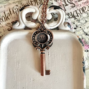 The queen&#39;s key -  key necklace - crown key - antique copper key necklace - key charm necklace - vintage style key necklace