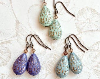 Eloise - french blue, mint green and purple and gold paisley earrings - teardrop earrings - rustic earrings - boho earrings
