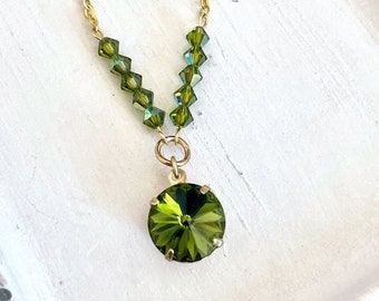 Olive green crystal necklace - olive green necklace - green crystal - olivine necklace - Swarovski - crystal pendant