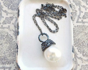 Large pearl necklace - long pearl necklace - gunmetal necklace - last one