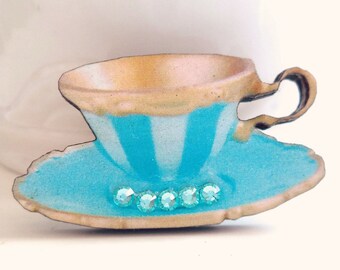 Alice in Wonderland Wood Stripe Teacup Brooch