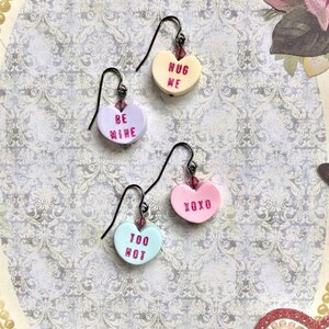 Clay candy heart earrings - Valentine&#39;s Day jewelry - candy hearts