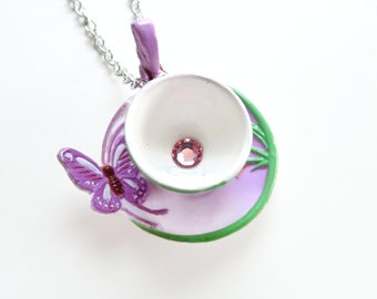 Nova - lavender butterfly teacup necklace