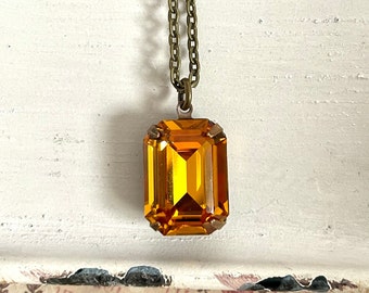 Vintage Swarovski crystal topaz necklace - octagon crystal pendant - yellow topaz