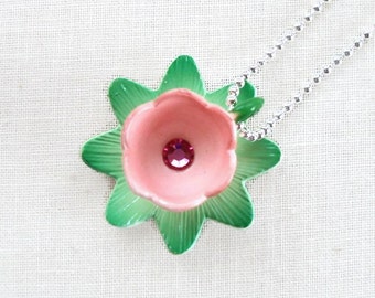 Margaret - pink teacup necklace - tulip flower teacup - spring necklace - flower necklace - pink and green - spring - Easter