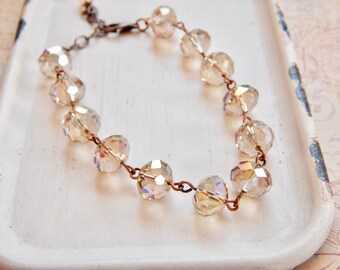 Champagne Crystal Beaded Bracelet: Iridescent Rondelle, Antique Copper