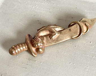 Vintage brass dragon and sword pin - dragon pin - daggar